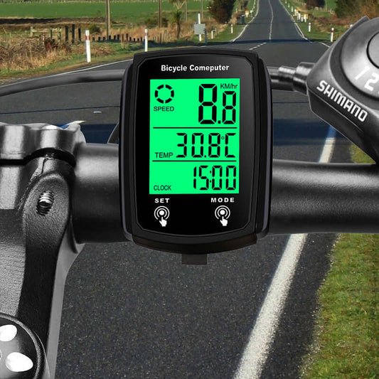 Touch screen bicycle speedometer displaying speed, temperature, and clock on handlebars, ideal for real-time cycling performance tracking.