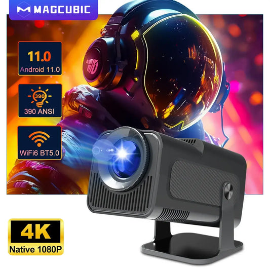 Magcubic 4K Android 11 Projector showcasing compact design, 390 ANSI lumens for vibrant home cinema visuals.